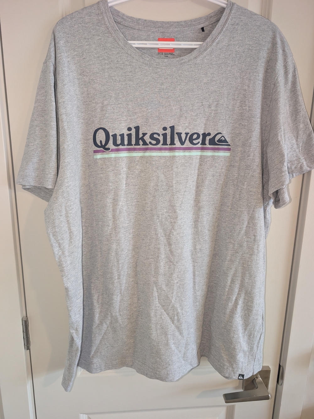 Quiksilver Grey Tee with Navy Logo and Pastel Stripes